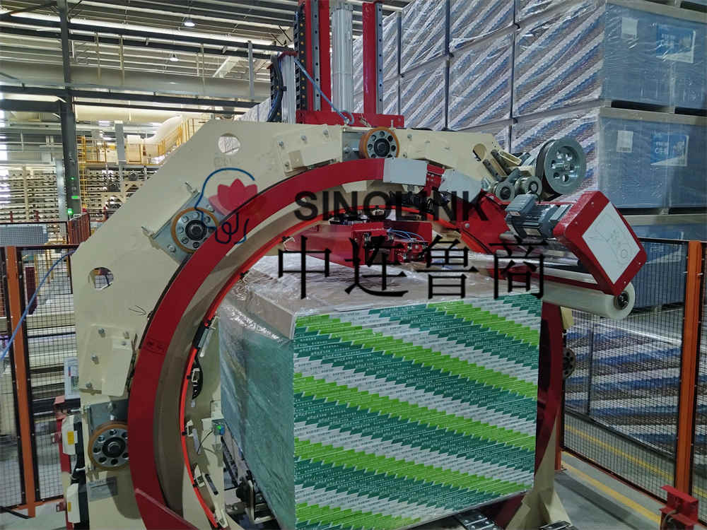 Automatic six-sided pre-stretch wrapping machine for plate building materials Automatic six-sided pre-stretch wrapping machine for plate building materials